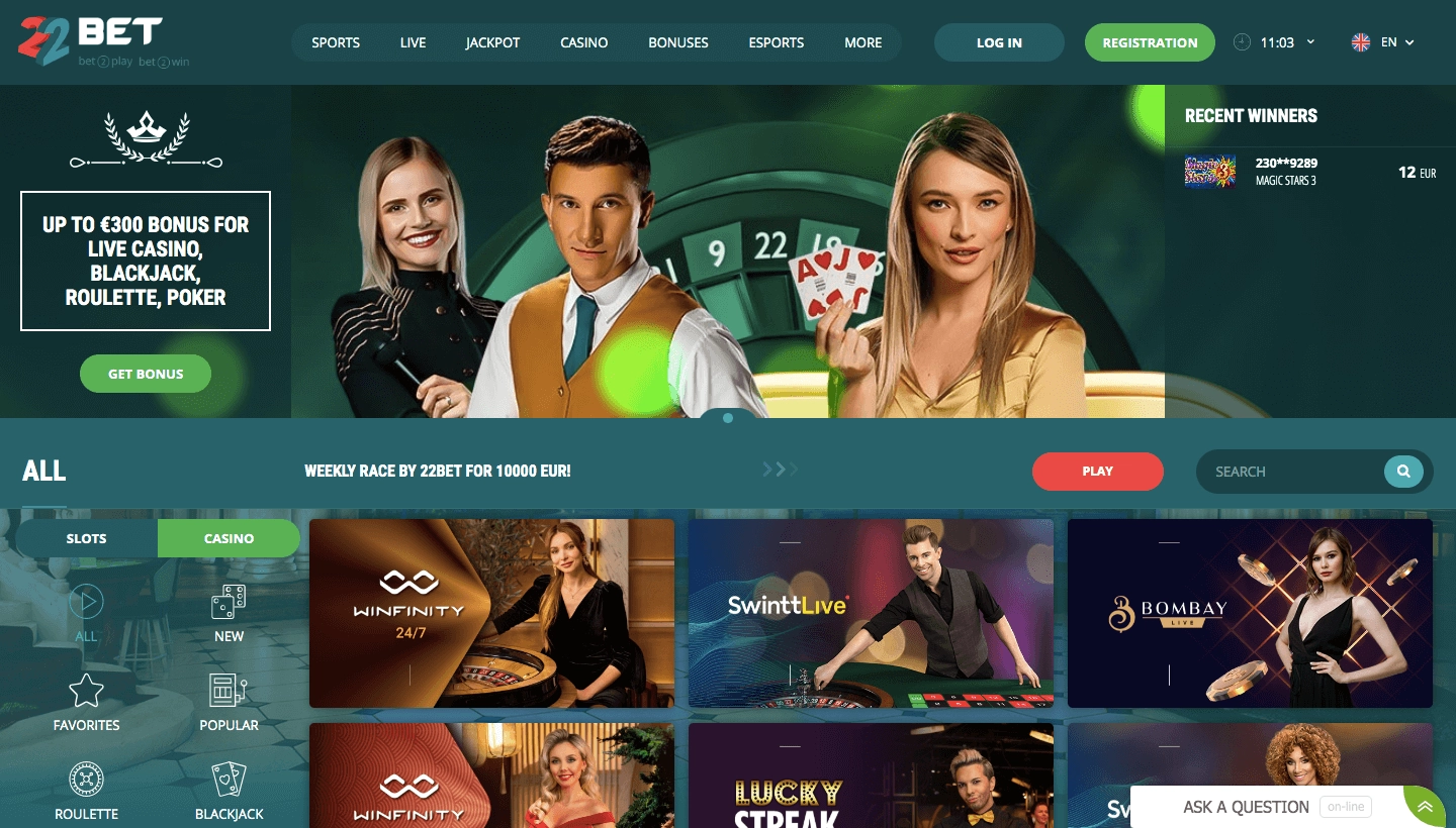 22bet Casino interface